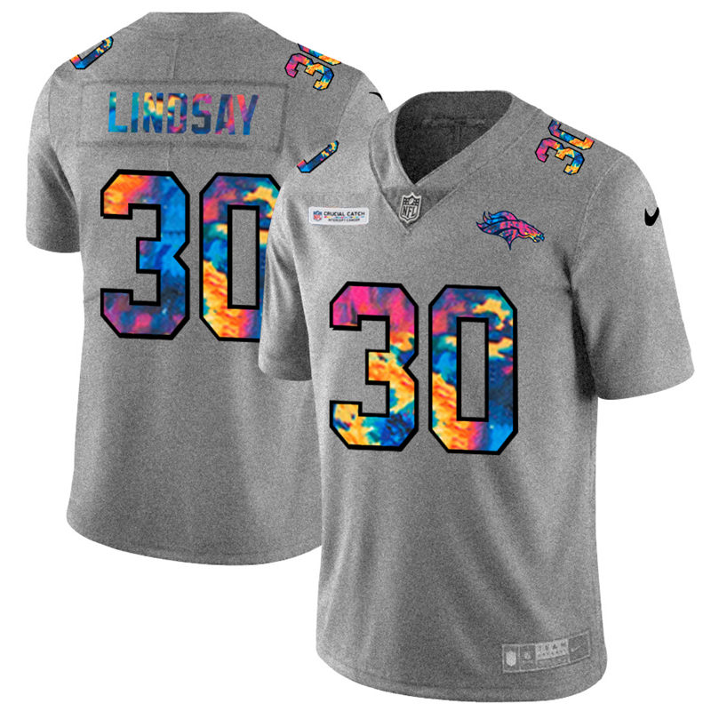 NFL Denver Broncos 30 Phillip Lindsay Men Nike MultiColor 2020 Crucial Catch Jersey Grey
